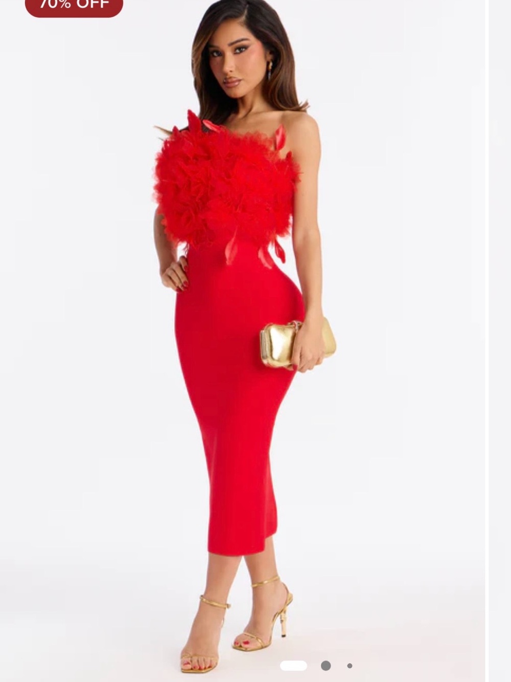 Fashion Nova Red Feather-Trim Midi Dress